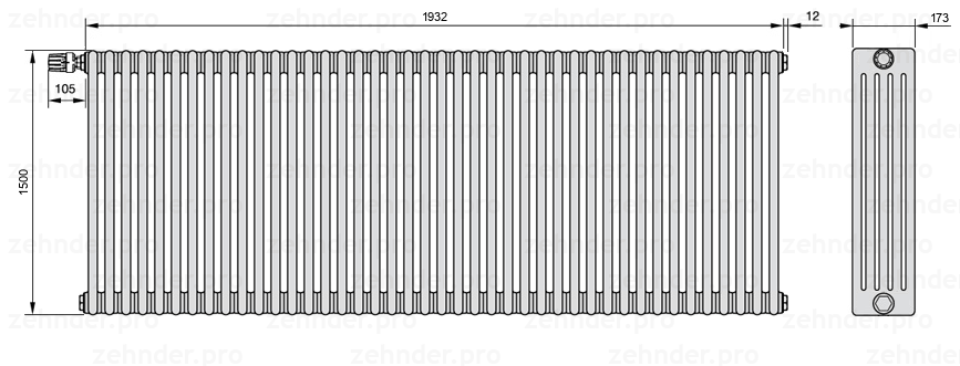 Схема (чертеж) Радиатор Zehnder Charleston 5150/42 №V012 Белый глянцевый RAL 9016